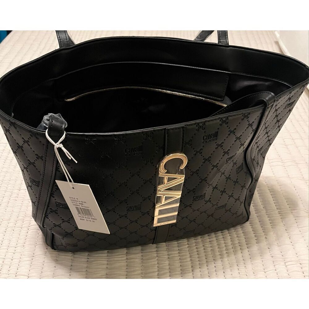 Cavalli Sandra Shopper Tote Bag – Black Deboss Logo, Large Carryall, NWT - Picture 2 of 6
